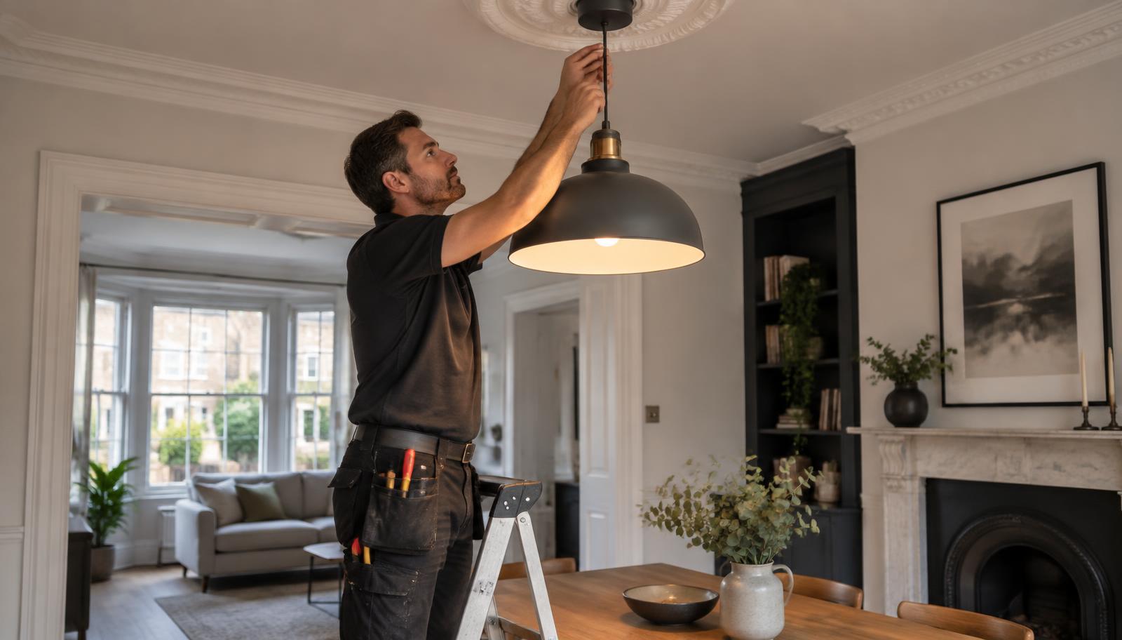 Electrician installing a pendant light in a South London home