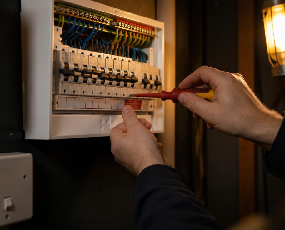 Electrician repairing a consumer unit